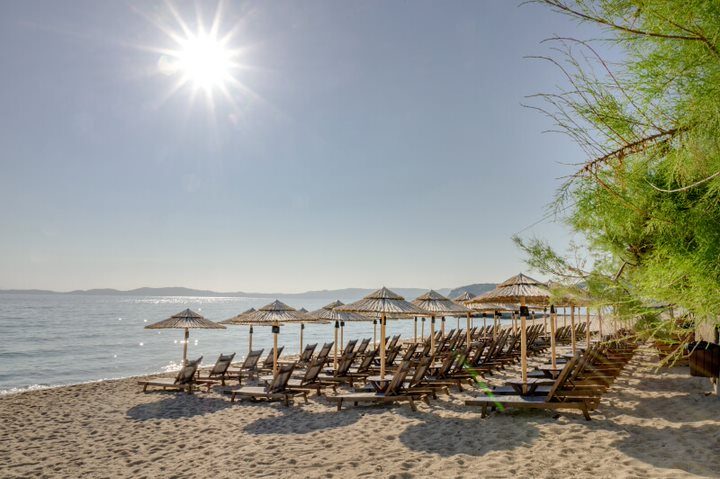 Midday sun over the bay and beach sunbeds